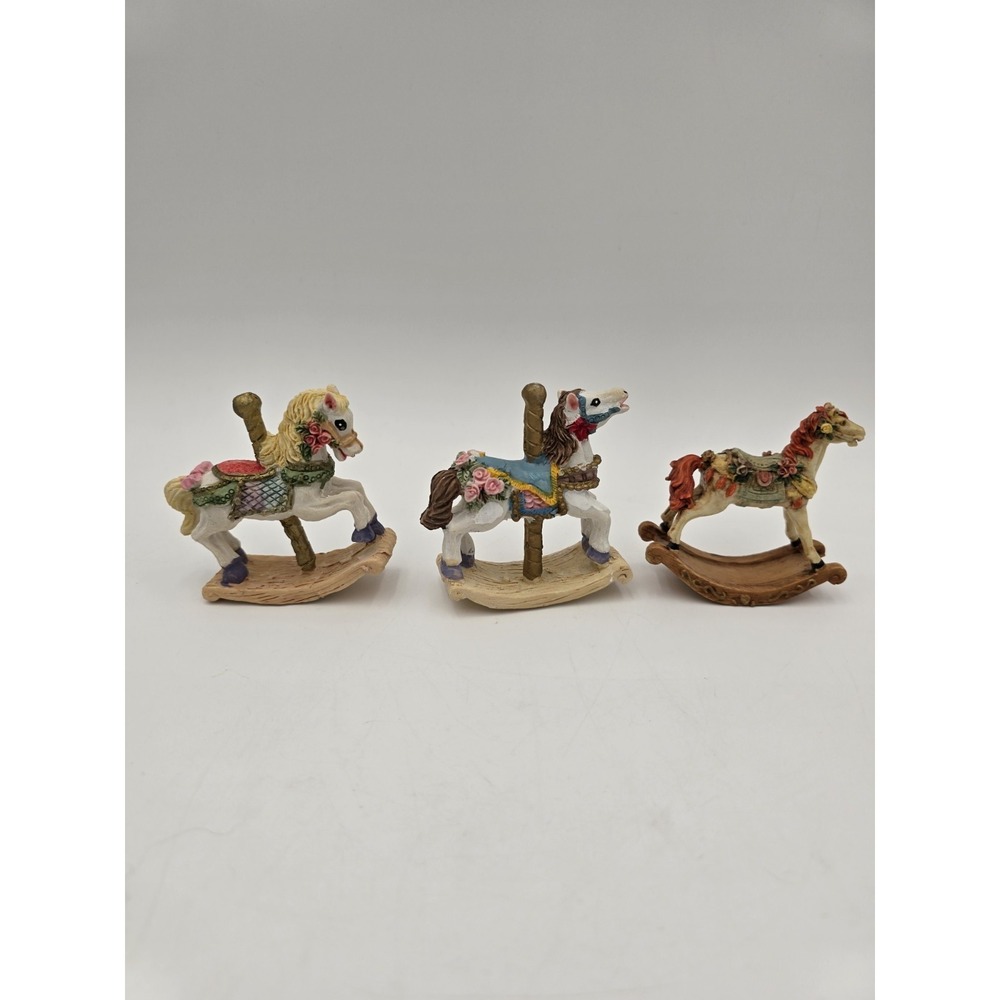 Lot Of 3 Resin Carousel Rocking Horse Figurines Ornate Roses Flowers